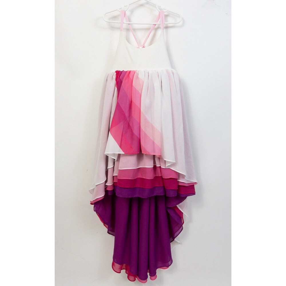 Pleiades Girls Size 7 Pink Chiffon Rainbow High Low Dress!